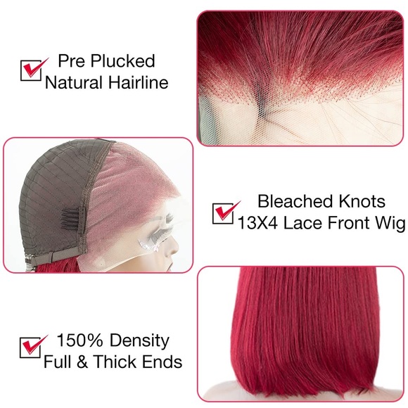 HUMAN HAIR Brazilian Burgundy Lace Frontal 13x4 Bob Wig PrePlucked Hairline 10” - Picture 4 of 12